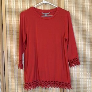 Valerie‎ Stevens Womens M Orange/Coral 3/4 Sleeve Top Lace Boho Whimsical